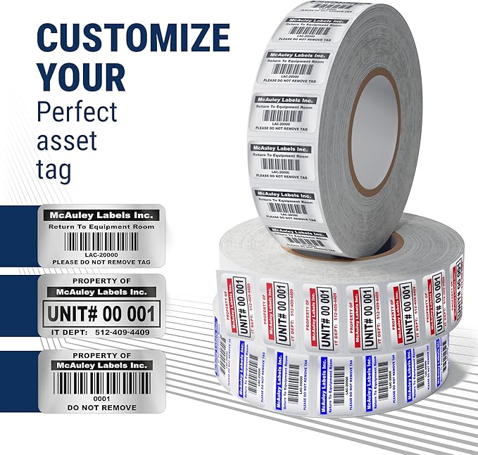 McAuley Labels Custom Asset Tags for Equipment - Numbered, Permanent - Heavy Duty Metalized Polyester, Stronger Adhesive - ID Label - 2x1 Inches