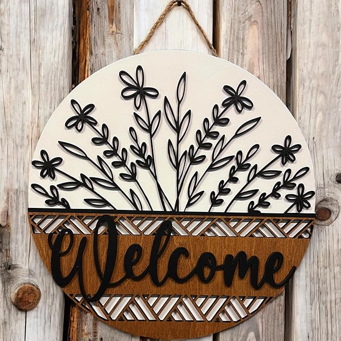 Wood front door sign Wood sign Home decor Welcome sign Sign for front door House warming gift Wedding gift (Wildflower 2.0-DS033(NB) P002, 22" Width)