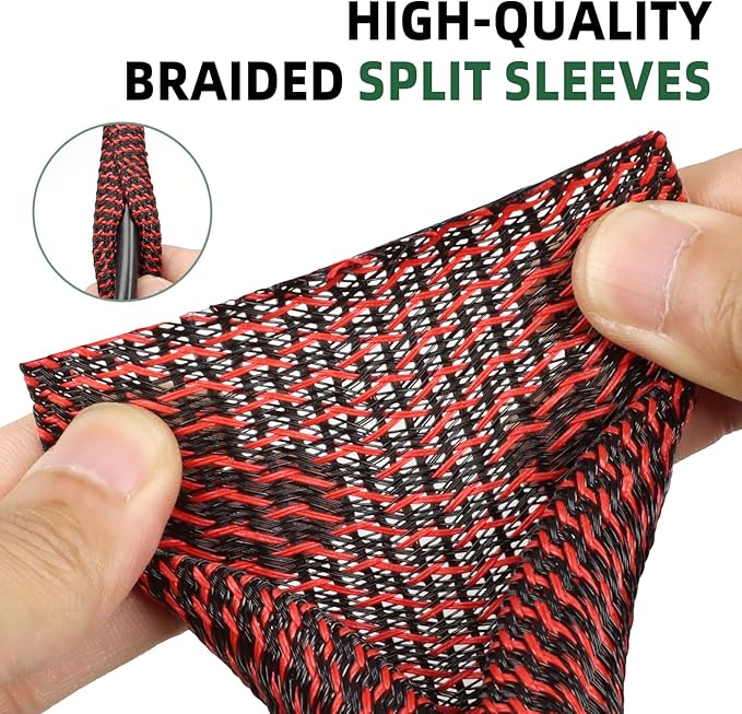 Split Wire Loom Tubing, Cable Protector Sleeve, Braided Cable Management for TV/Computer/Home Theater/Engine Bay, Cord Protectors from Pets No Chew (Red and Black, 3/8"-10ft)