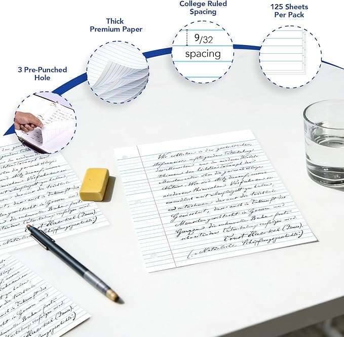 Kaisa3 Pack Notebook Paper College Ruled 3-Hole Punched Loose Leaf Paper 8x10.5 Lined Paper College Ruled Filler Paper for 3-Ring Binder Paper 150 Sheets/Pack (3 Pack-college) F15001C-3pk