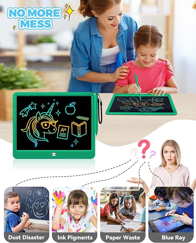 KOKODI 12 Inch LCD Writing Tablet with Anti-Lost Stylus Erasable Doodle Board Colorful Toddler Drawing Pad Car Travel School Games Toys for 3 4 5 6 7 8 Kids Birthday Gift for Girls Boys Adults Green