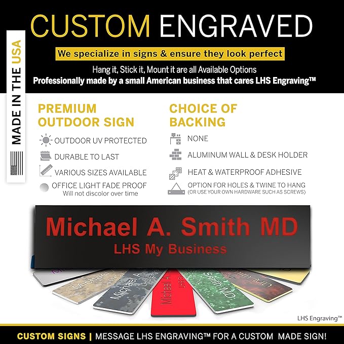 Engraved Name Plates for Door Sign Personalized Black Plastic Plaque with Red Letters - Made in USA 2x6 B19