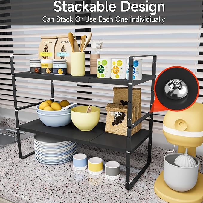 jkxoo 2Pack 16.5-27’’L Expandable Cabinet Shelf Organizers, Stackable Metal Shelves Extender for Kitchen Countertop Storage, Adjustable Spices Shelves Rack Stand for Cupboard Pantry, Black