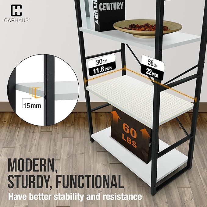 CAPHAUS 4 Tier Bookshelf, 24 Inch Width Free Standing Shelf, Bookcase Shelf Storage Organizer, Industrial Book Shelves for Home Office, Living Room, Kitchen, White Shelves & Metal Frame