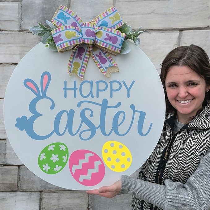 Wood front door sign Wood sign Home decor Welcome sign Sign for front door House warming gift Wedding gift (Happy Easter, 18" Width)