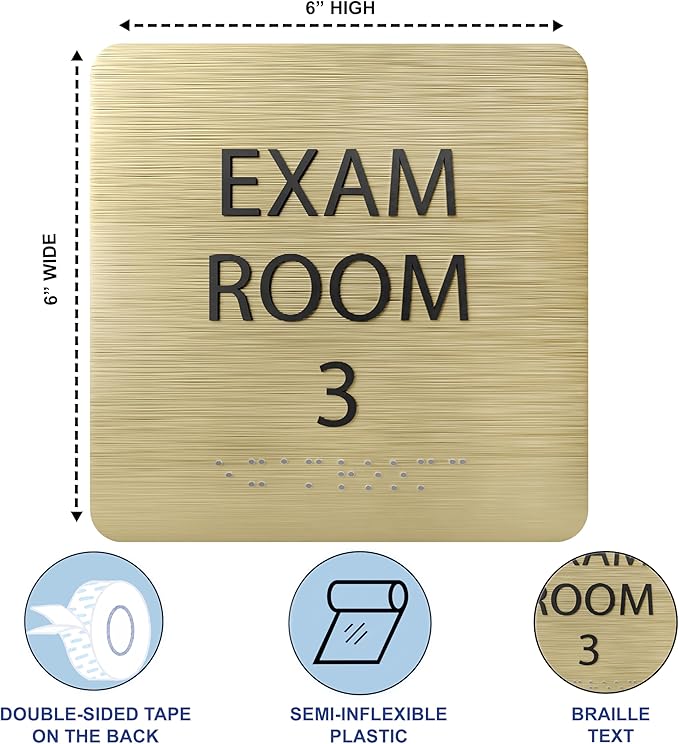 6" X6" Exam Room 3 Sign - ADA Compliant Tactile Graphics Grade 2 Braille Text Acrylic Wall Signs - Educational Institution Directional Assistance Test Center Door Sign for Schools