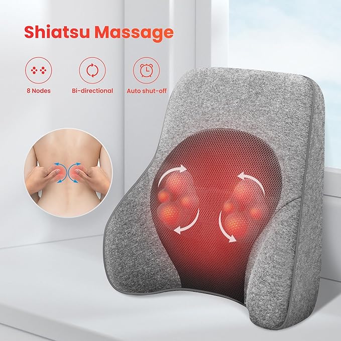 COMFIER Back Lumbar Support Pillow for Office,Car,Heated Back Support with 4 Shiatsu Massage Heads & Heating Function, Memory Foam Lumbar Pillow for Computer Gaming Chair-Gray