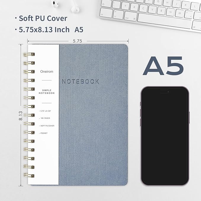 Spiral Notebook-5.75" x 8.125" College Ruled Journal with Inner Pockets and 160 Pages,PU Leather Cover Business Journal, Twin-Wire Binding Notebook Perfect for Office & Home School Supplies Reef Blue