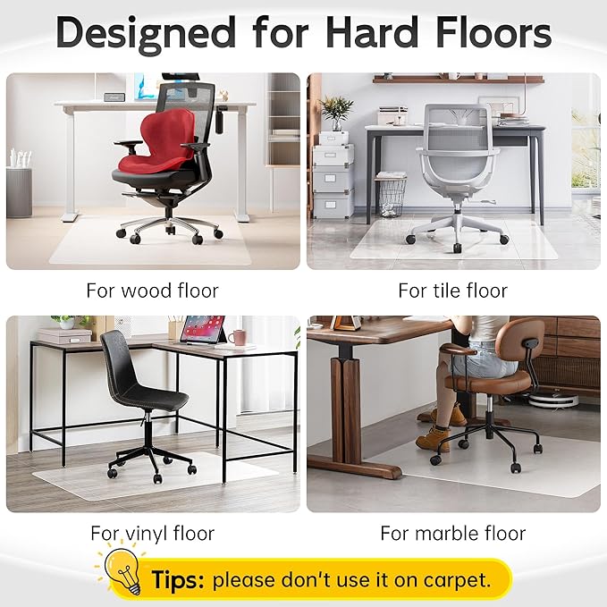 HOMEK Office Chair Mat for Hardwood Floor, 60" x 40" Clear Computer/Desk Chair Mat for Hard Floor, Thicker, Easy Glide, Non-Slip, Protects Hard Surfaces from Scratches, Ideal for Home or Office