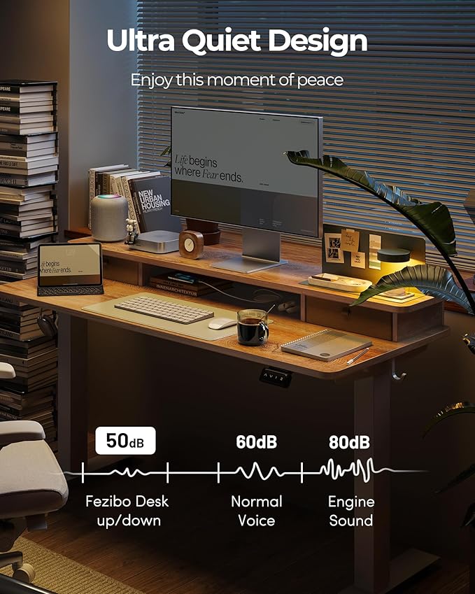 FEZIBO 55 x 24 Inch Height Adjustable Electric Standing Desk with Double Drawer, Stand up Home Office Computer Desk with 4 Height-Adjustable Feets & 2 Hooks, Maple