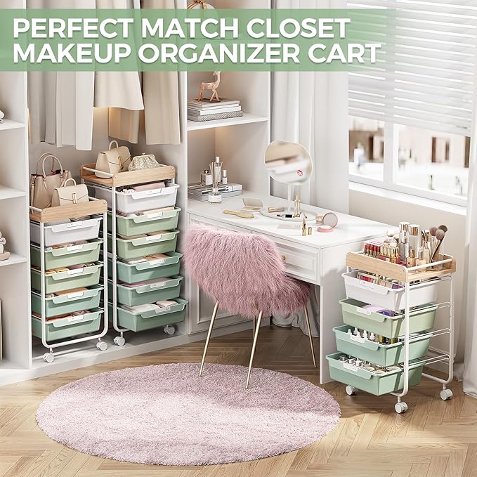 Rolling Storage Utility Cart With 4 Drawers,Kids Craft Art Cart,Makeup Organizer And Storage with Wooden Tabletop,Green