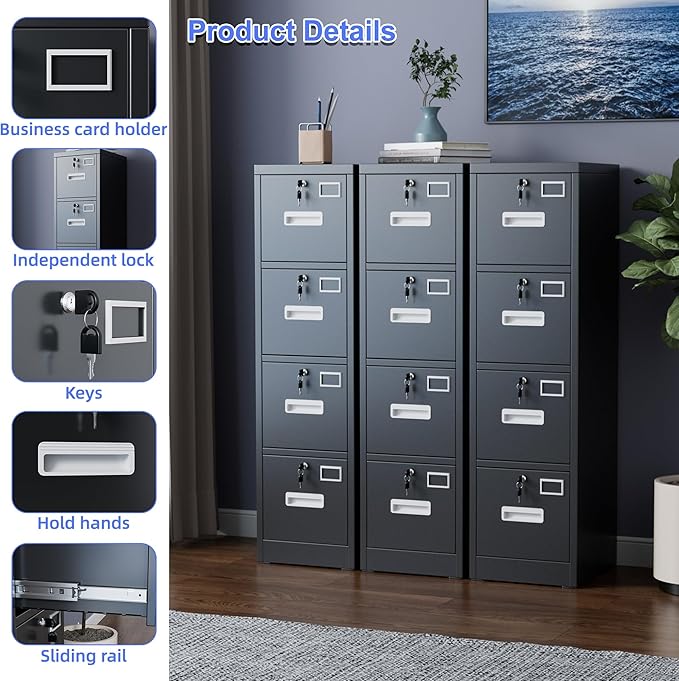 SUXXAN 4 Drawer File Cabinet, Metal Vertical Black Filing Cabinets with Locks Name Card Holder for Home Office, Assembly Required