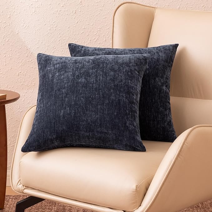 Amazon Basics Chenille Throw Pillow Covers, Home Decor Cushion Cover for Bedroom Living Room Couch Bed, 16" W × 16" L, Navy Blue