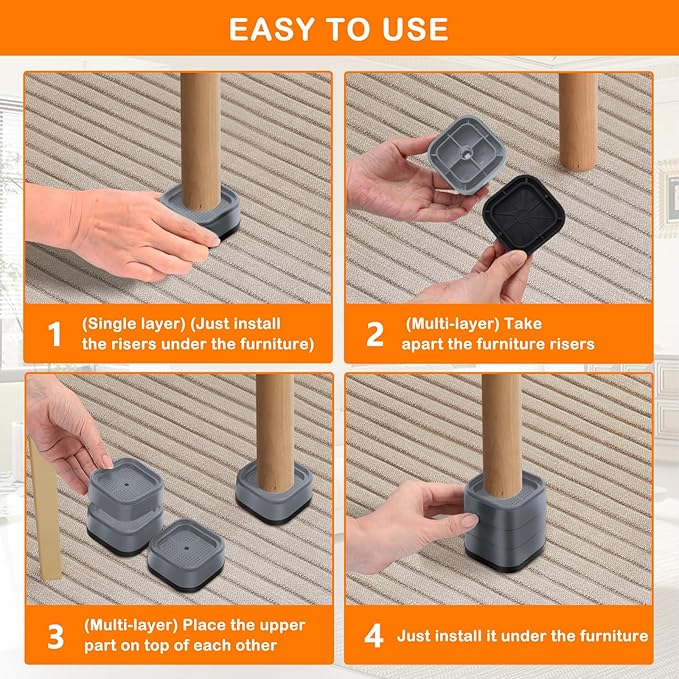 shouwuhho 12 Pack Furniture Risers Adjustable Bed Risers Heavy Duty Lifts Height 1", Square Stackable Bed Risers 1, 2 or 3 Inch for Desk Leg Table Couch Sofa Chair Bed Frame Legs Dorm, Gray