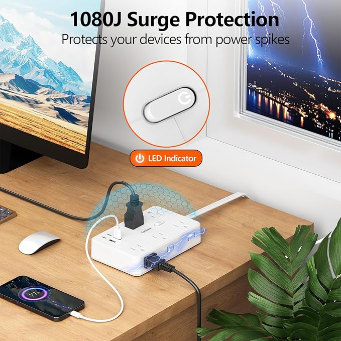 Surge Protector Power Strip 1 FT Flat Extension Cord ，10 AC Outlets & 4 USB Ports(5V/3.4A 17W), 1080J ，Wall Mountable Desktop Charging Station with Flat Plug for Office Supplies and Home, White