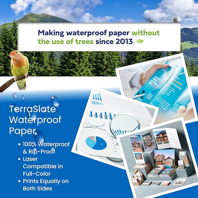 Terraslate Waterproof Paper - Hydronote 54lb Multipurpose Copy Paper 8.5” x 11”, Bulk White Paper, 2000 Sheets Inkjet Printer and Laser Printer Paper Compatible - Weather/Rain Proof, Durable