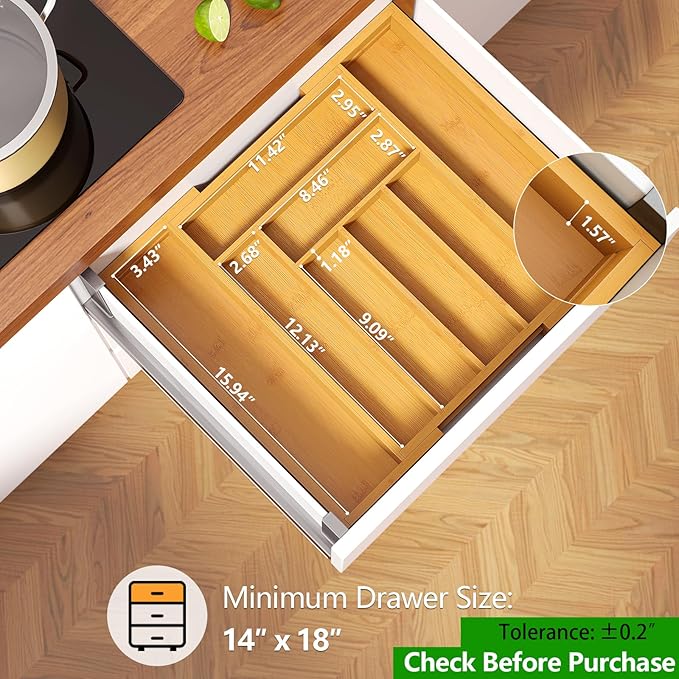 Pipishell Bamboo Silverware Organizer, Expandable Cutlery Tray, Utensil Drawer Organizer in Kitchen for Spoons Forks Knives, Multipurpose Use, Natural, Large