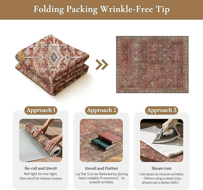 GENIMO 9x12 Area Rugs for Living Room, Machine Washable Non Slip Vintage Rugs, Low Pile Lightweight Chenille Print Rug for Bedroom, Dining Room, Home Office, Mocha Brick