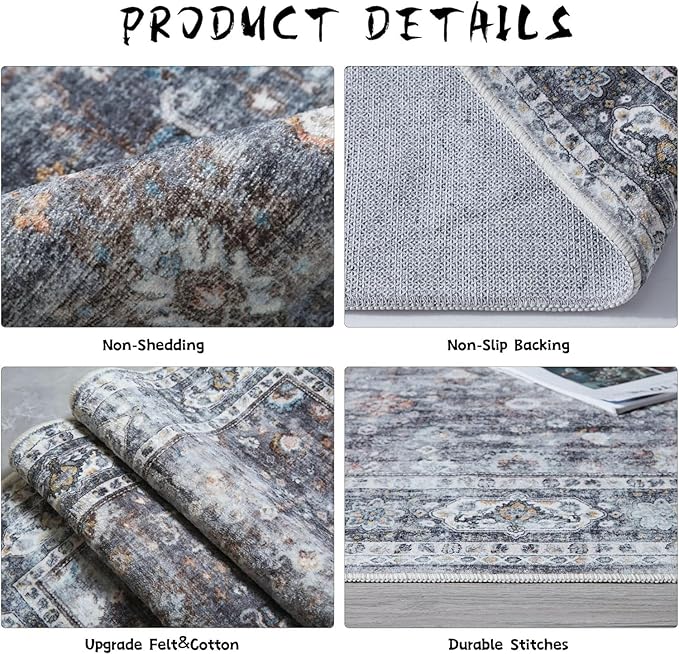 Runner Rug Hallway Runner Rug Washable Kitchen Runner Rugs with Rubber Backing 2'6''x8' 100% Polyester Vintage Rug for Entryway Indoor, Kitchen, Laundry, Bedroom (Grey and Brown)