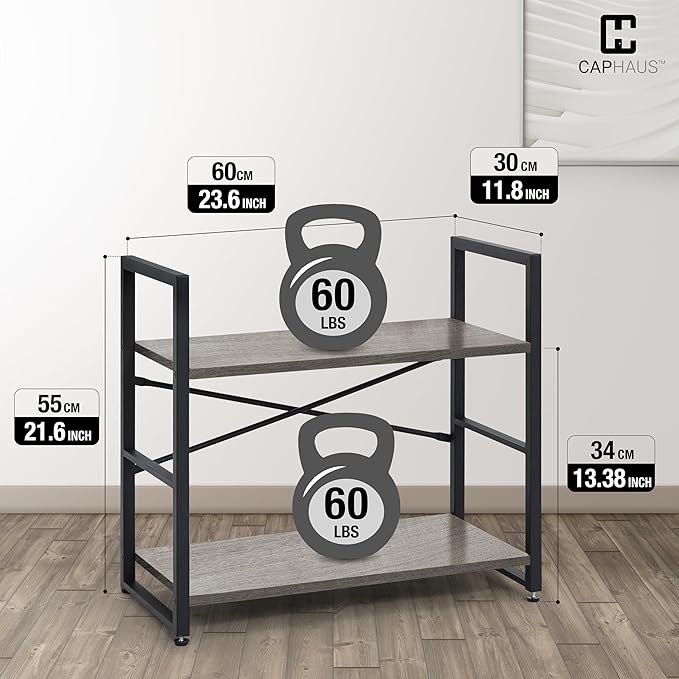 CAPHAUS 2 Tier Small Bookshelf, 24 Inch Width Free Standing Shelf, Bookcase Shelf Storage Organizer, Industrial Book Shelves for Home Office, Living Room, Dark Grey Shelves & Metal Frame