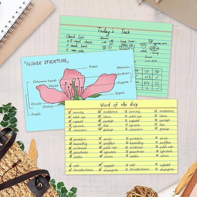 Chell Extra Heavyweight Index Cards 4x6 Inch, No Bleed-Through, 200 Count, Ruled Front and Blank Back, 80 lb. Cover Weight, Pastel Colors