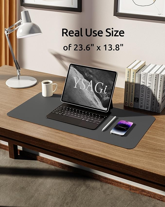 YSAGi Leather Desk Protector, Office Mat, Large Mouse Mat, Non-Slip PU Leather Blotter, Laptop Desk, Waterproof Writing Pad for Office and Home (Dark Grey, 23.6" x 13.8")