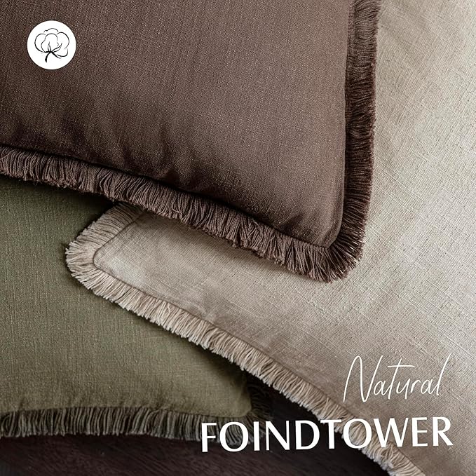 Foindtower Set of 2 Decorative Linen Fringe Lumbar Throw Pillow Covers Farmhouse Cushion Cover with Tassels Soft Accent Pillowcase for Couch Sofa Bed Living Room Home Decor,12×20 Inch,Reddish Brown