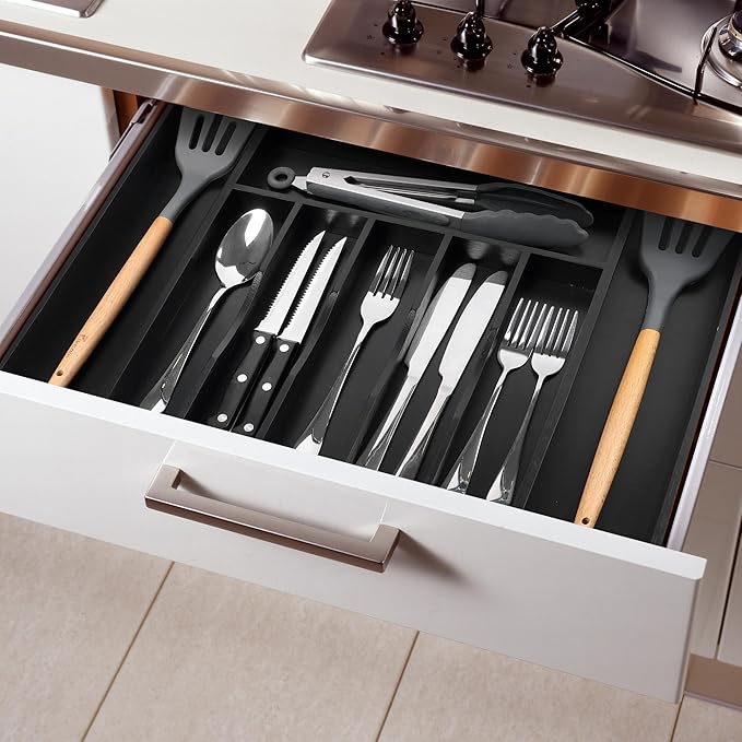 oridom Large Premium Bamboo Silverware Organizer - Expandable Drawer Organizer & Utensil Organizer - 17"x19.7" Cutlery Tray with Dividers for Kitchen Utensils and Flatware (7-9 Slots) (Black)