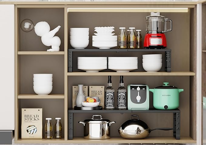 Jojocross Expandable Stackable Spice Rack Organizer for Kitchen Cabinet,Adjustable Counter Shelf, countertop, Pantry,Cupboard,Bathroom,Bedroom(2Packs/Black/Large)