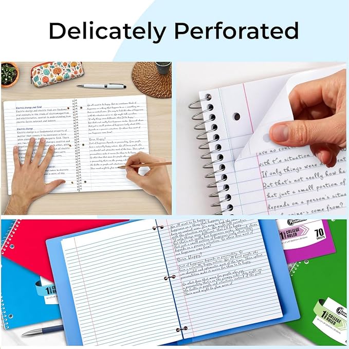 Rosmonde Spiral Notebook, 12 Pack, 1 Subject, College Ruled, 70 Sheets, 8 x 10-1/2", 3 Hole Punched, Bulk College Ruled Notebooks for School, Single Subject Spiral Notebook Bulk, Assorted Colors