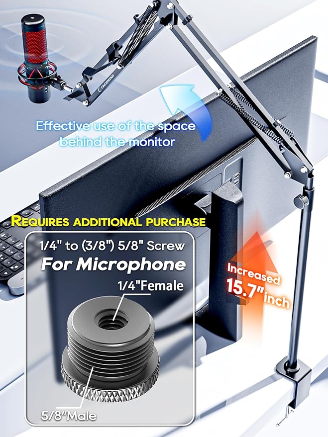 CACENCAN Overhead Camera Mount, 5lb Horizontal Load-Bearing, 360° Adjustable Stand for Desk, Flexible Arm Desk Mount, with Phone Clamp, Tabletop Mount for DSLR Camera/Webcam/Microphone（White