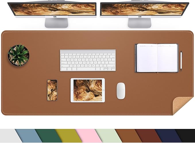 AFIING Leather Desk pad Protector, Large Non-Slip Office Desk Mat with Natural Cork & PU Leather, Waterproof Writing Mouse Pad for Office and Home (55in*17in,Brown)