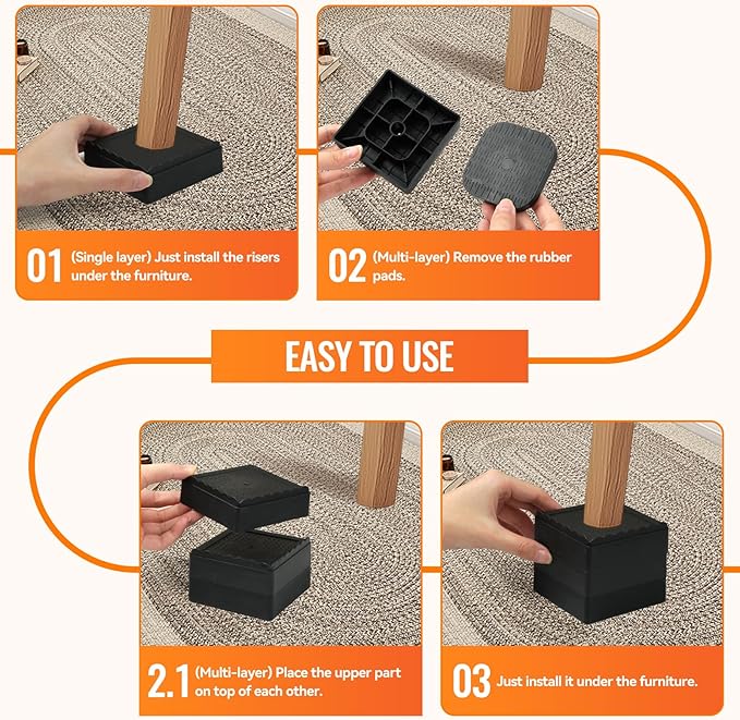 Furniture Risers, 6 Pack Bed Risers with Non-Slip Grip and Heavy Duty Support, 1 Inch 2 Inch 3 Inch 4 Inch Height Lift for Couch, Sofa, Table, Desk, Chair, Refrigerator - Black, 1+1 Inch