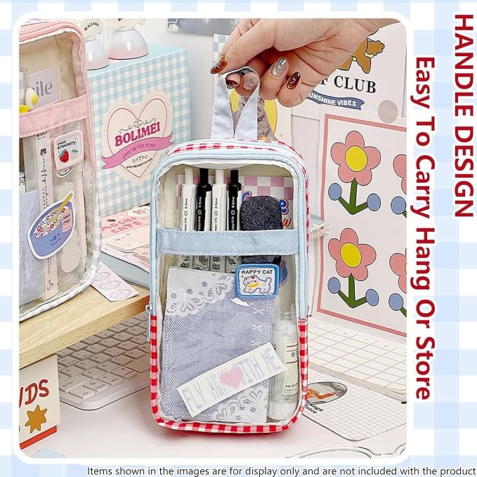 UINSUE Cute Pen case Adorable Bunny Transparent 3-Layer Large Capacity Pencil Case Gadget organizer with Lovely Stickers (Red Plaid)