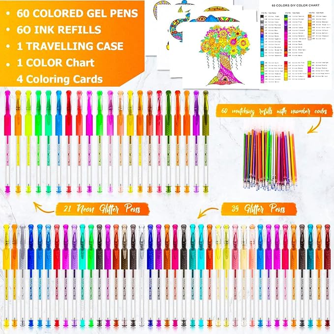 Soucolor Glitter Gel Pens for Adult Coloring Books, Christmas|Birthday Gifts, School Art Supplies,120 Pack-60 Glitter Pens, 60 Refills and Travel Case, 40% More Ink Markers Set for Drawing Journaling