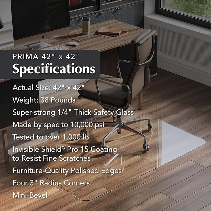 Vitrazza Glass Chair Mat 42” x 42” Superior ¼ Thick, Luminoso Low-Iron Ultra Clear, Certified Tempered Safety Glass, Delivers a Smooth Glide, Protects Carpet or Wood, Beautiful in Home or Office.