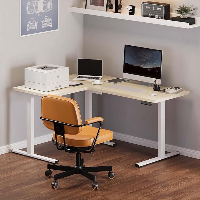 FLEXISPOT L Shaped Standing Desk, 63 x 47 Inch Electric Height Adjustable Corner Desk, Sit Stand Computer Workstation, Preset Controller, Home Office, White Frame with Maple Top