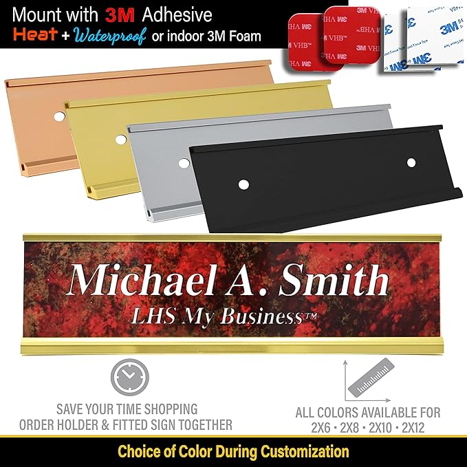Personalized Name Plate with Choice of Mounting Holders for Walls, Doors, Cubicles, Hanging and More - Custom Gloss Rustico Granite Plastic White Letters - USA Made 2x10 - S2
