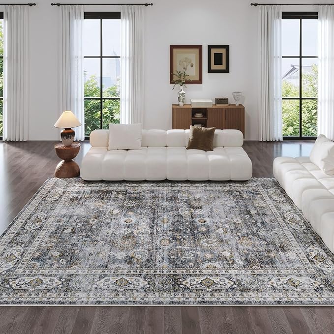 Rugcomf 9x12 Rug Washable Boho Soft Large Area Rug Non-Slip Faux Wool Vintage Rug for Living Room, Farmhouse, Dining Room, Indoor, Kids Playroom (Grey)