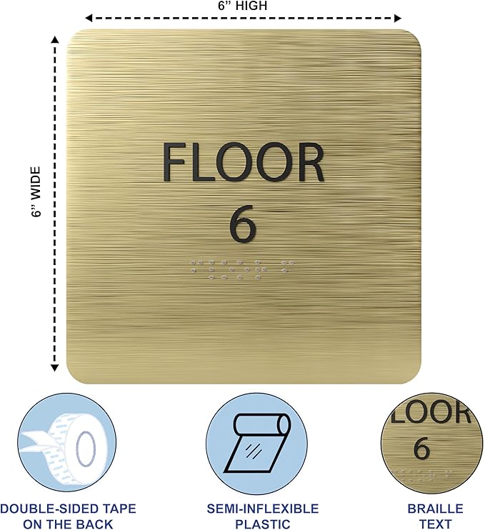 ADA CENTRAL SIGNS - 6" X6" Floor 6 Sign - ADA Compliant Tactile Graphics Grade 2 Braille Text Acrylic Wall Signs - Directional Assistance, Floor Number Safety Sign for Office, school Hospital, Apartment