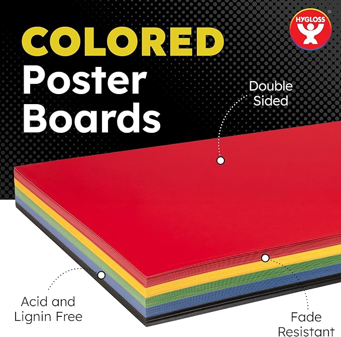 Hygloss Large Colored Poster Board 22x28 - 100 Assorted Standard Color Poster Boards Bulk Pack - Red, Yellow, Green, Blue, Black - 10 Pt. Thickness Poster Board Paper - Posterboard Multipack 22" x 28"