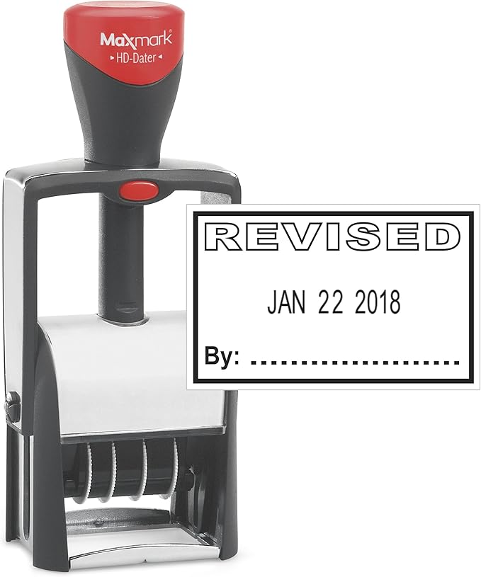 MaxMark Heavy Duty Self Inking Date Stamp with Phrase Revised - Black Ink