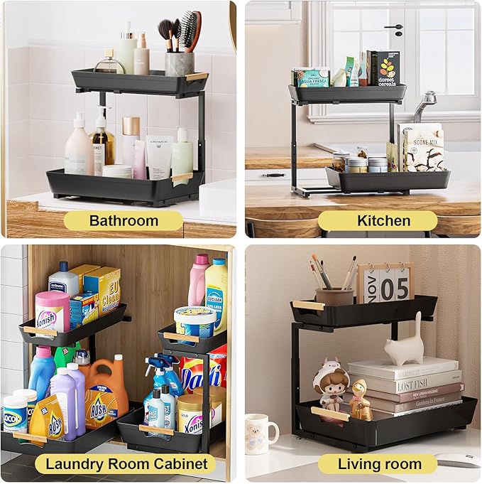 AMEDELE Under Sink Organizer,2 Tier Pull Out Adjustable Height Under Cabinet Storage,Under Sink Storage for Kitchen Bathroom Cabinet(1 Pack)