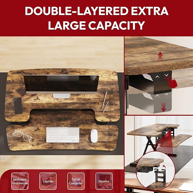 SANODESK Standing Desk Converter with Electric Motor 35" Height Adjustable Desk Riser for Office Home,Monitor and Laptop Workstation with Large Keyboard Tray, Rustic Color