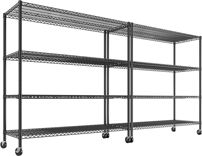 REIBII Set of 2 Storage Shelves Metal Shelving with Wheels,Adjustable Wire Shelving Rack 75.6" H Heavy Duty Garage Shelving Unit for Kitchen Pantry,Commercial Industrial Shelving for Garage 2PCS