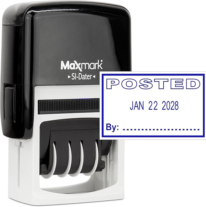 MaxMark Office Self Inking Date Stamp with Phrase Posted - Blue Ink