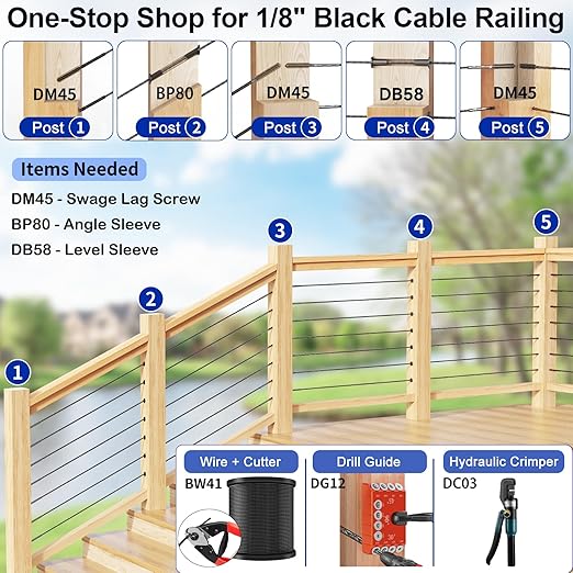 Steel DN Mate 100 Pack Stainless Steel Protector Sleeves for 1/8”, 5/32", 3/16" Wire Rope Cable, Black Cable Railing Kit Hardware for Wood Post, T316 Marine Grade DB58