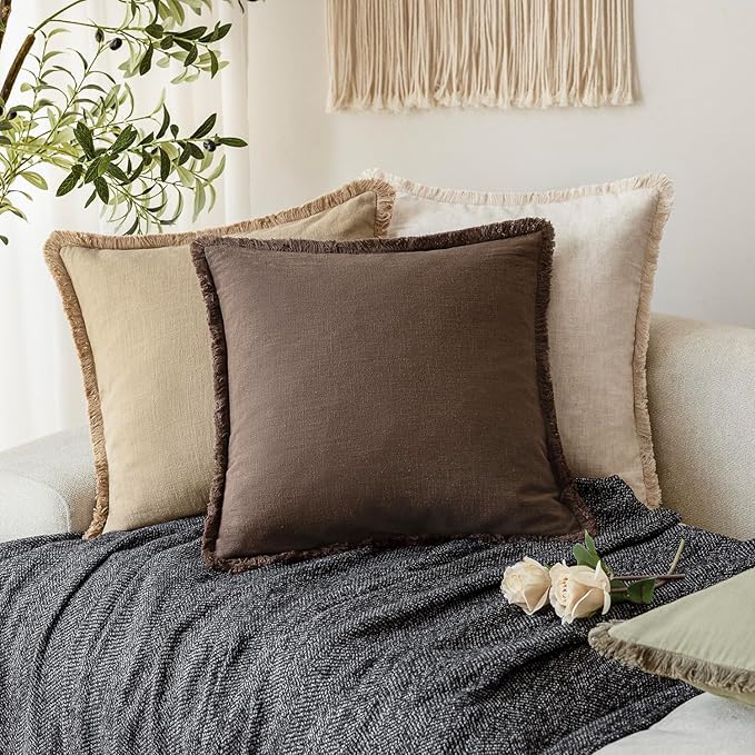 Foindtower Set of 2 Decorative Linen Fringe Throw Pillow Covers Boho Farmhouse Cushion Cover with Tassels Soft Accent Pillowcase for Couch Sofa Bed Living Room Home Decor,22×22 Inch,Reddish Brown