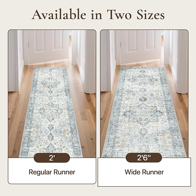 GENIMO Runner Rug 2'6"x6, Non Slip Vintage Hallway Runner Rugs, Low Pile Lightweight Machine Washable Mat for Hallway, Entryway, Bedroom, Kitchen and Corridor, Blue