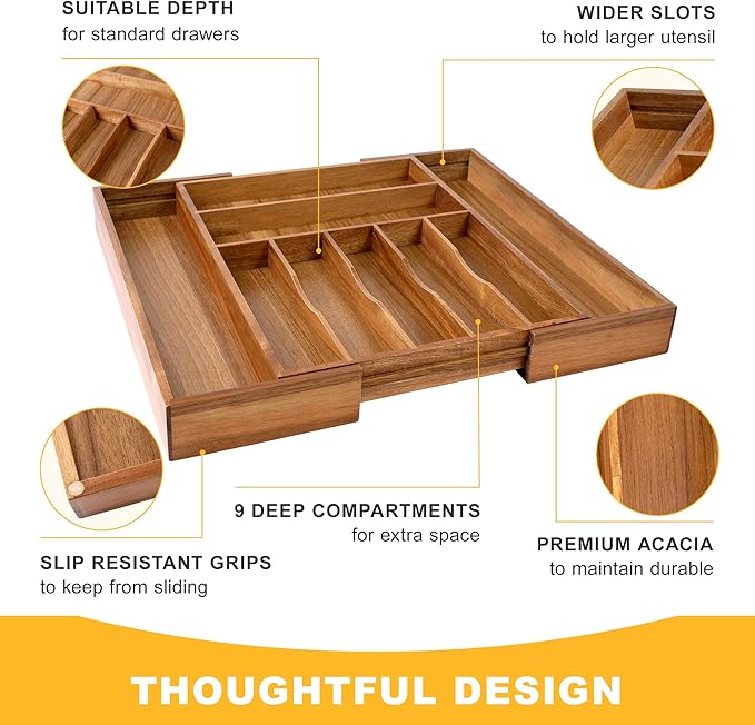 oridom Large Premium Acacia Silverware Organizer - Expandable Drawer Organizer & Utensil Organizer - 17"x19.7" Cutlery Tray with Dividers for Kitchen Utensils and Flatware (7-9 Slots) Acacia